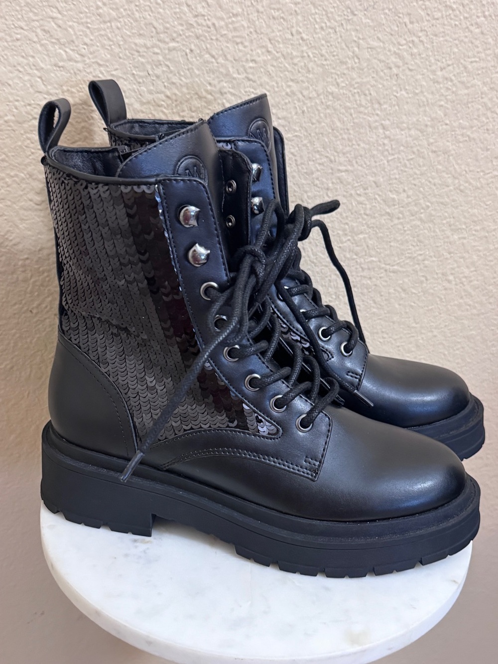 Women NINE WEST Hediy Sequin Lug Sole Black combat Bootie rocker glam chic 6